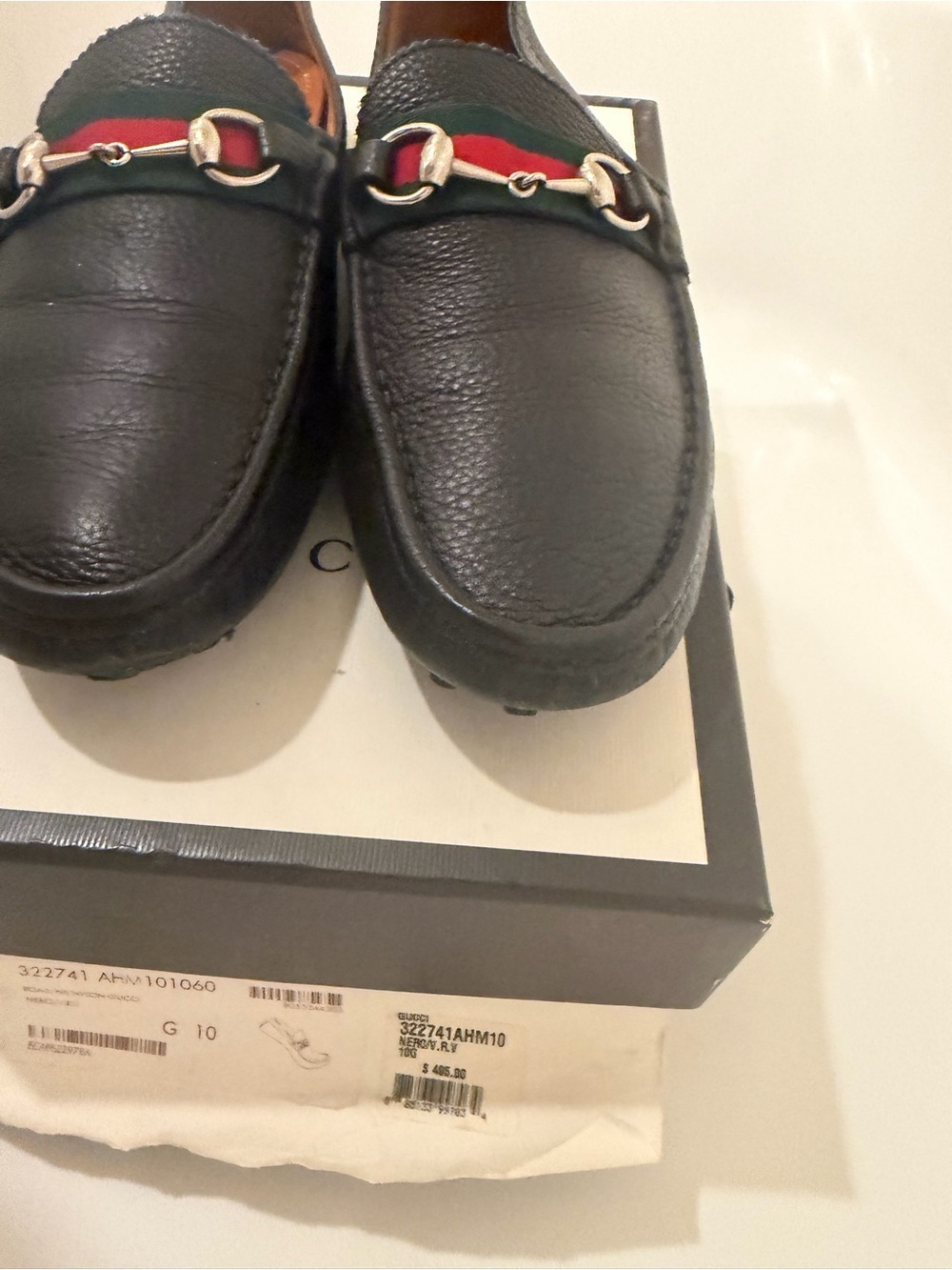 Gucci Black Pebbled Leather Web Horsebit Driver Loafers Men’s Size 10